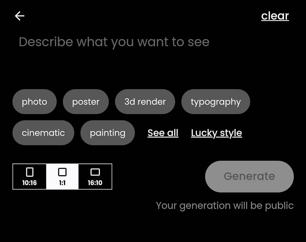 Ideogram AI : une alternative gratuite à Midjourney avec une typographie précise 2 Interface utilisateur du générateur d'images IDEOGRAM