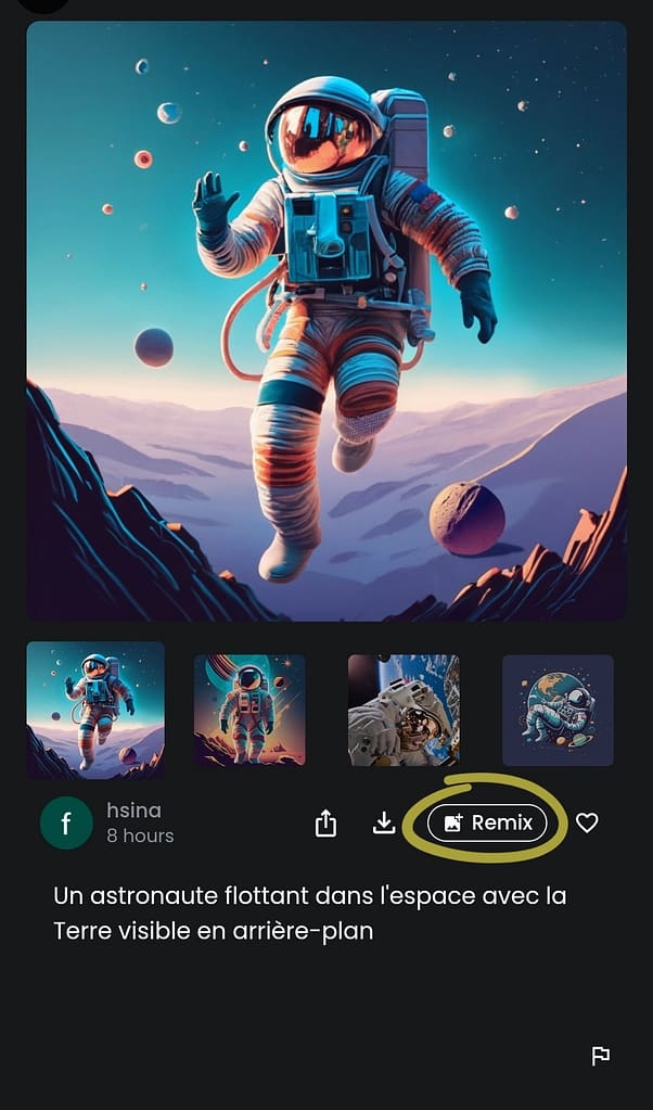 Utilisez la fonction Remix pour régénérer des nouvelles images à partir d'une parente. ideo gram ai