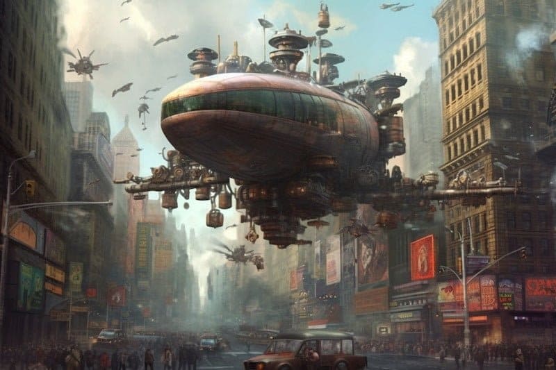 Midjourney Prompts: Comment créer des images époustouflantes avec l'IA 10 Une image générée par Midjourney AI de voitures volantes à Times Square, dans un style steampunk.