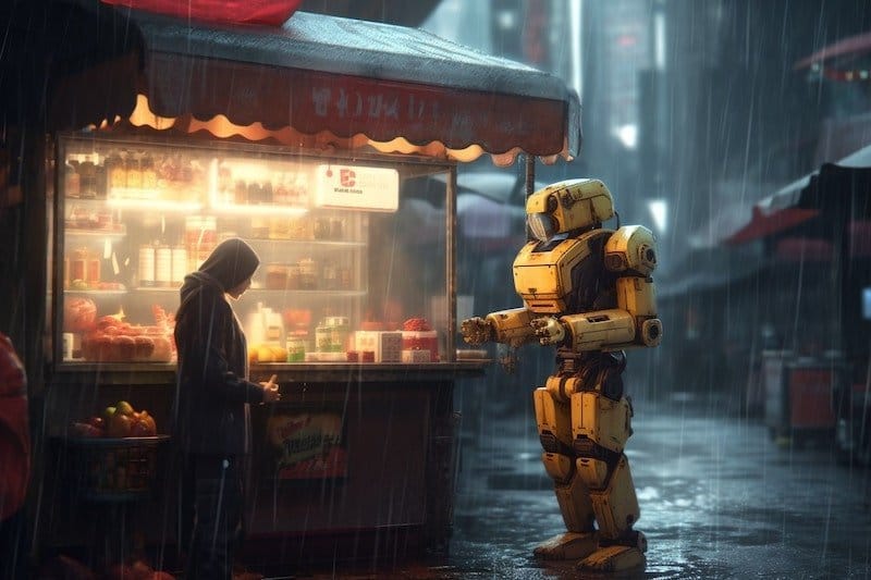 Midjourney Prompts: Comment créer des images époustouflantes avec l'IA 13 Midjourney a généré l'image d'un vendeur de nourriture de rue vendant du pop-corn à un robot dans une ville pluvieuse.