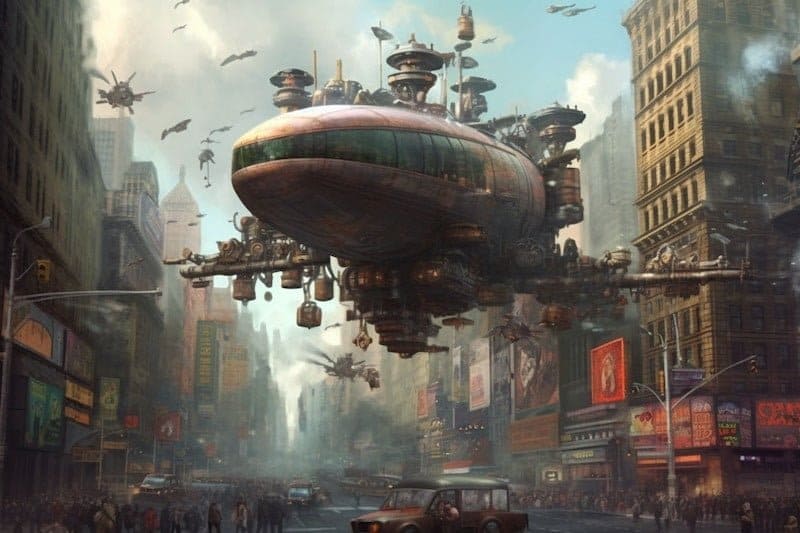 Une image générée par Midjourney AI de voitures volantes à Times Square, dans un style steampunk.