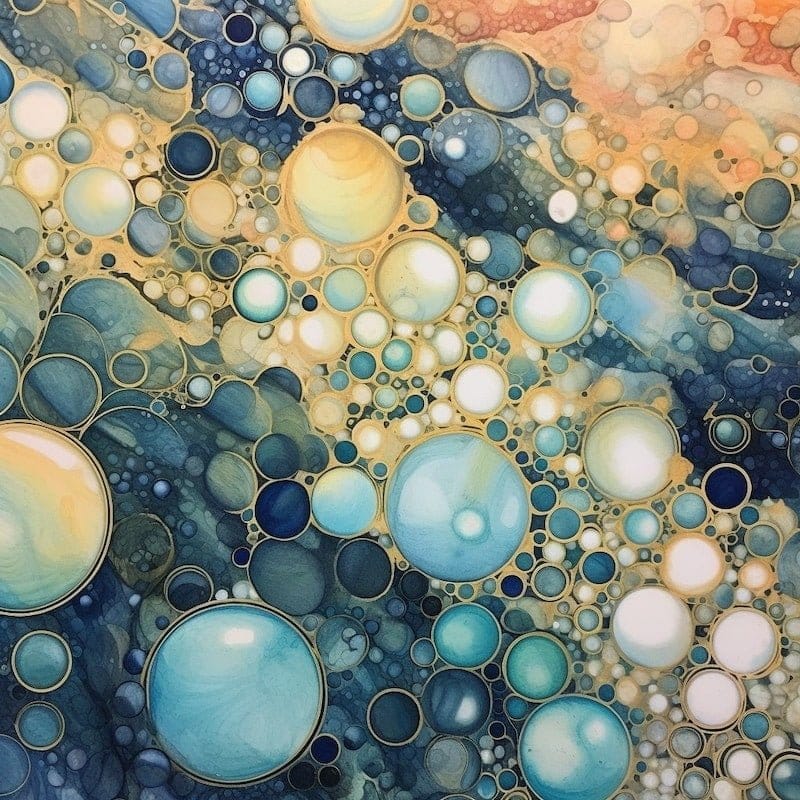 Une image générée par Midjourney AI de papier superposé composé de bulles, de tons pastel et d'éclats de peinture bleue.