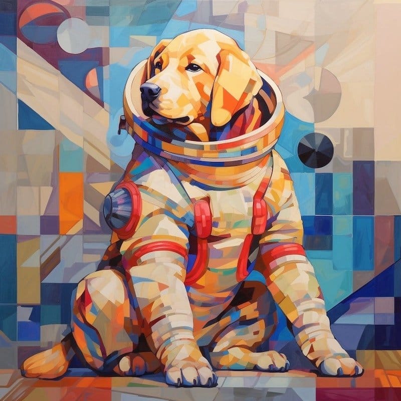 Midjourney a généré l'image d'un chien labrador en combinaison spatiale sur la lune, style cubisme.