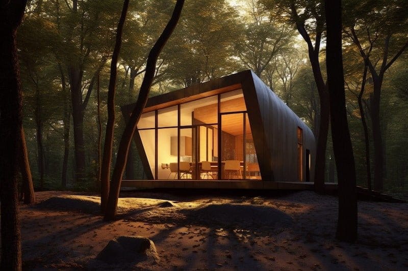 Une image générée par Midjourney AI d'une cabane en bois dans une forêt de chênes, style Bauhaus