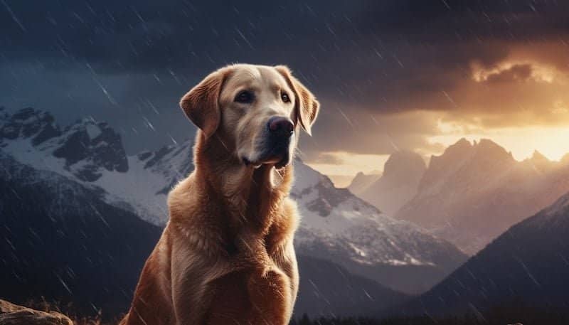 Une image générée par Midjourney AI d'un chien labrador dans les Alpes suisses, dans un éclairage cinématographique.