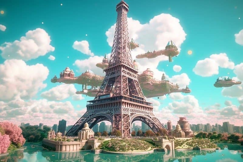 Une image générée par Midjourney AI de la Tour Eiffel entourée d'îles flottantes, dans l'Art Déco.